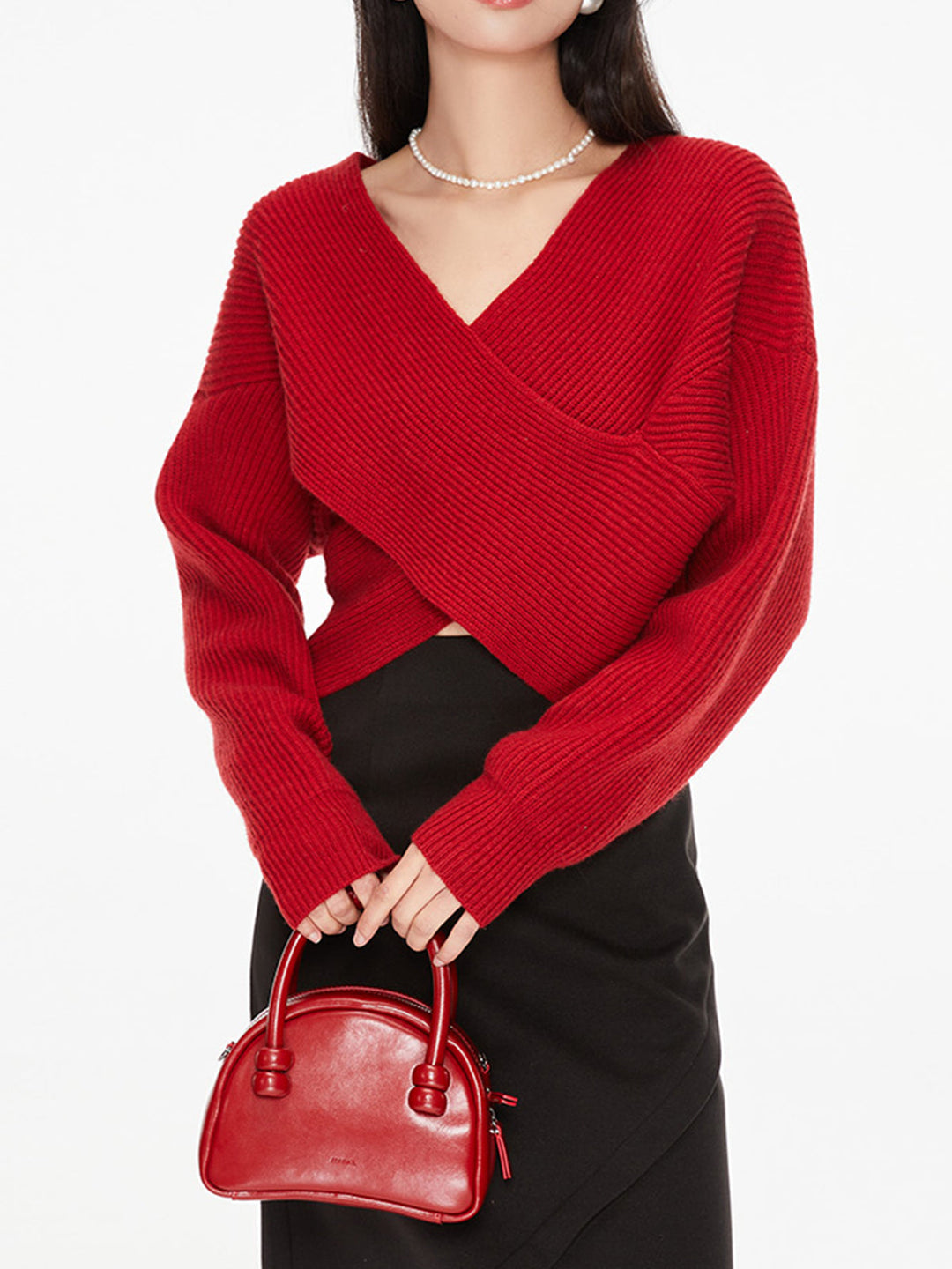 Damen Strickpullover mit V-Ausschnitt und Handtasche Set-Rot-XS-Luzern Mode