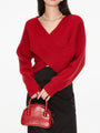 Damen Strickpullover mit V-Ausschnitt und Handtasche Set-Rot-XS-Luzern Mode