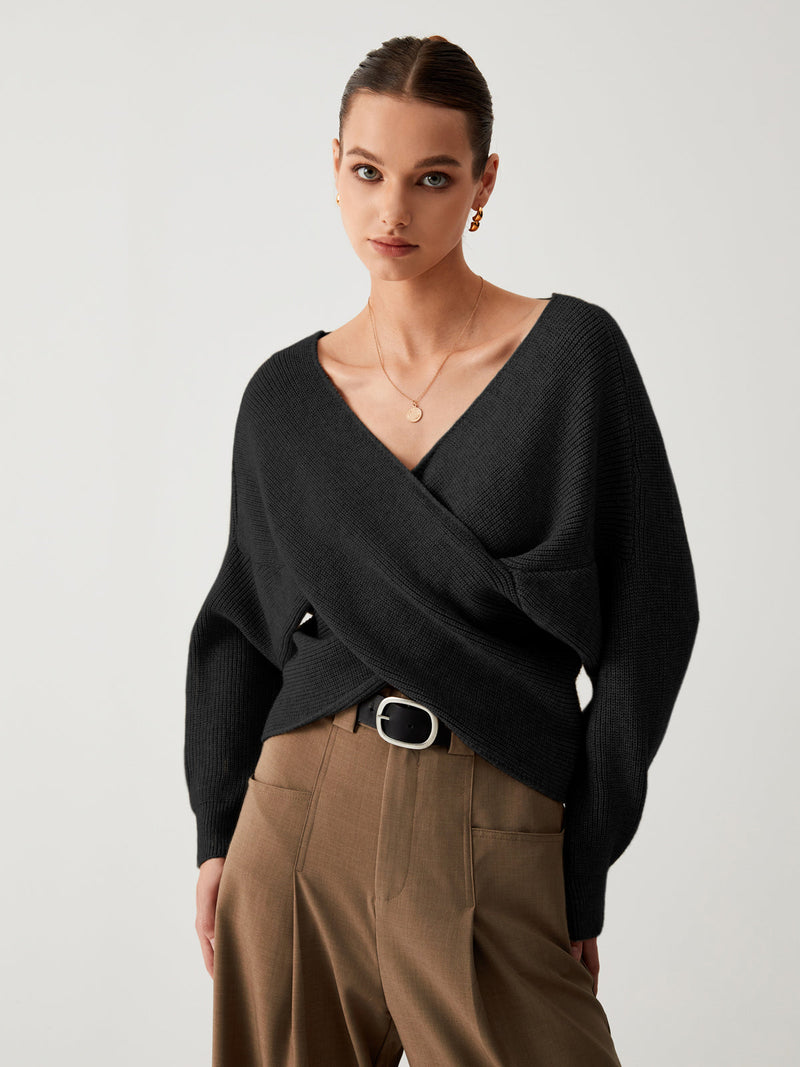 Damen Strickpullover mit V-Ausschnitt und Handtasche Set-Schwarz-XS-Luzern Mode