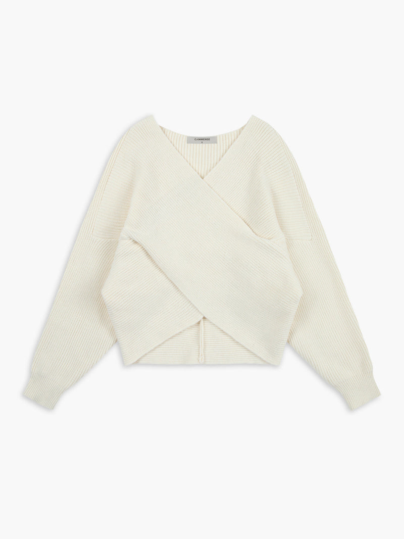 Damen Strickpullover mit V-Ausschnitt und Handtasche Set-Weiß-XS-Luzern Mode
