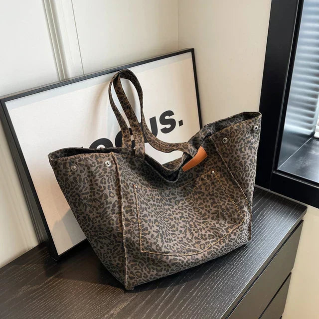 Oversized Leopardenmuster Schultertasche aus Canvas - Große Handtasche-Schwarz-Luzern Mode