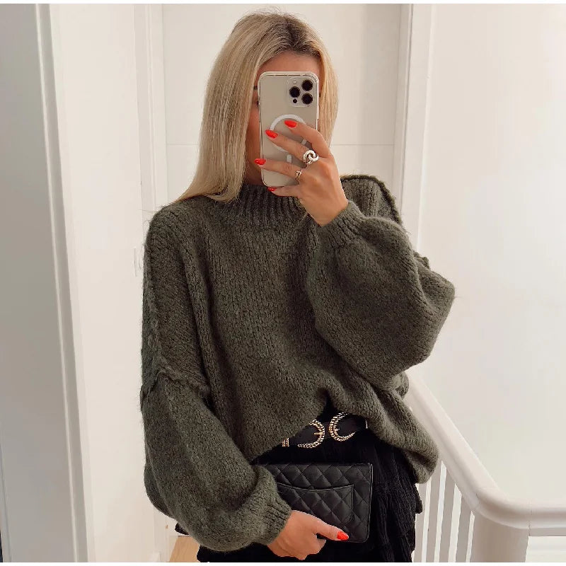 Oversized Damen Strickpullover mit Handtasche - Modetrend 2023-Grün-S-Luzern Mode