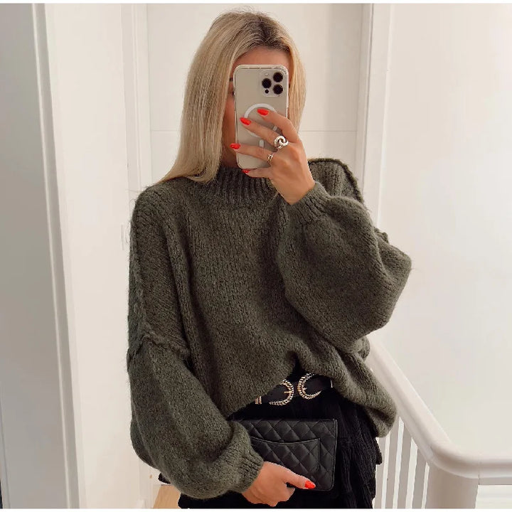 Oversized Damen Strickpullover mit Handtasche - Modetrend 2023-Grün-S-Luzern Mode