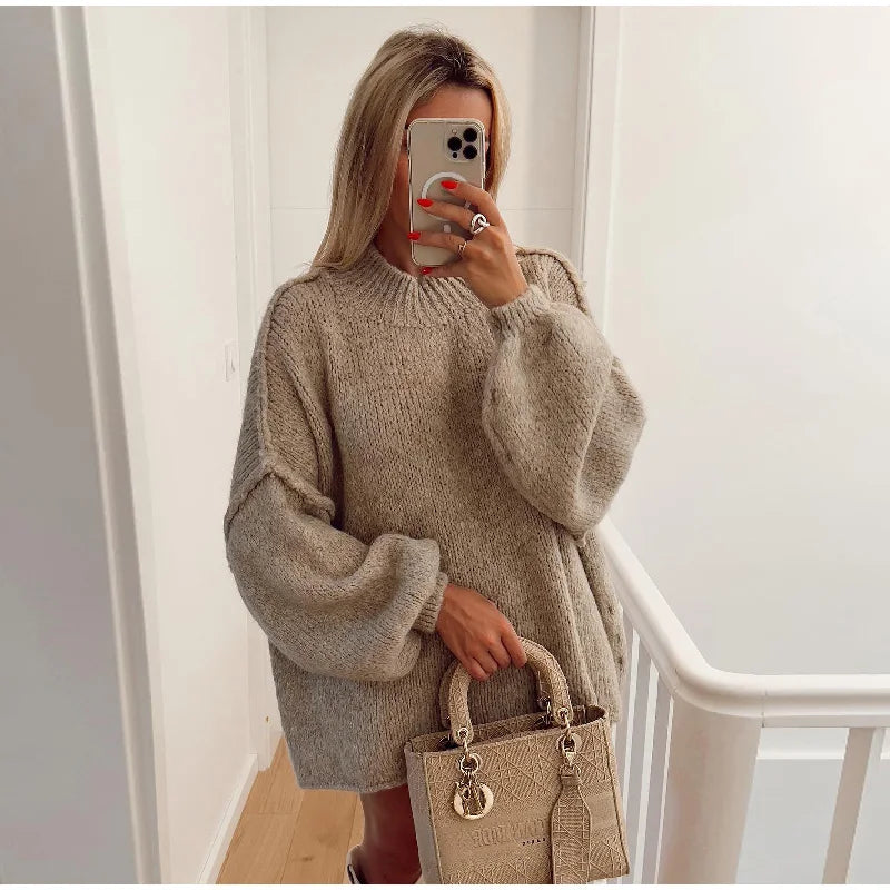 Oversized Damen Strickpullover mit Handtasche - Modetrend 2023-Khaki-S-Luzern Mode
