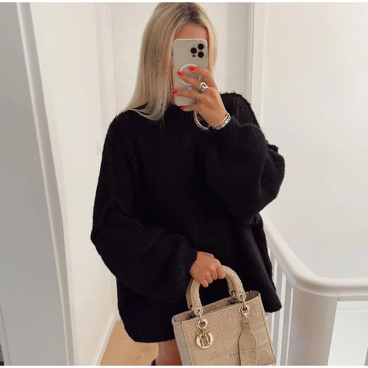 Oversized Damen Strickpullover mit Handtasche - Modetrend 2023-Schwarz-S-Luzern Mode