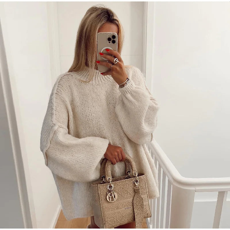 Oversized Damen Strickpullover mit Handtasche - Modetrend 2023-Weiß-S-Luzern Mode