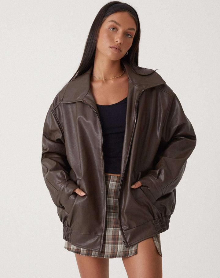 Leren Damenjacke | Oversized | Vegan | Einfarbig | Reißverschluss | Cool-Braun-XS-Luzern Mode