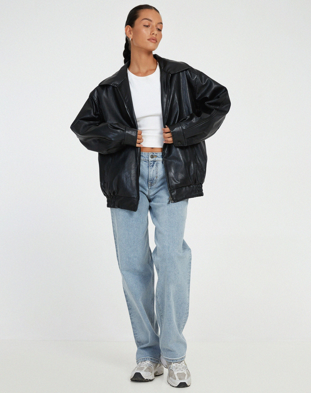 Leren Damenjacke | Oversized | Vegan | Einfarbig | Reißverschluss | Cool-Schwarz-XS-Luzern Mode