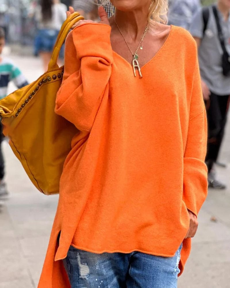 Damen Oversized Pullover V-Ausschnitt Herbstmode Casual Look-Luzern Mode
