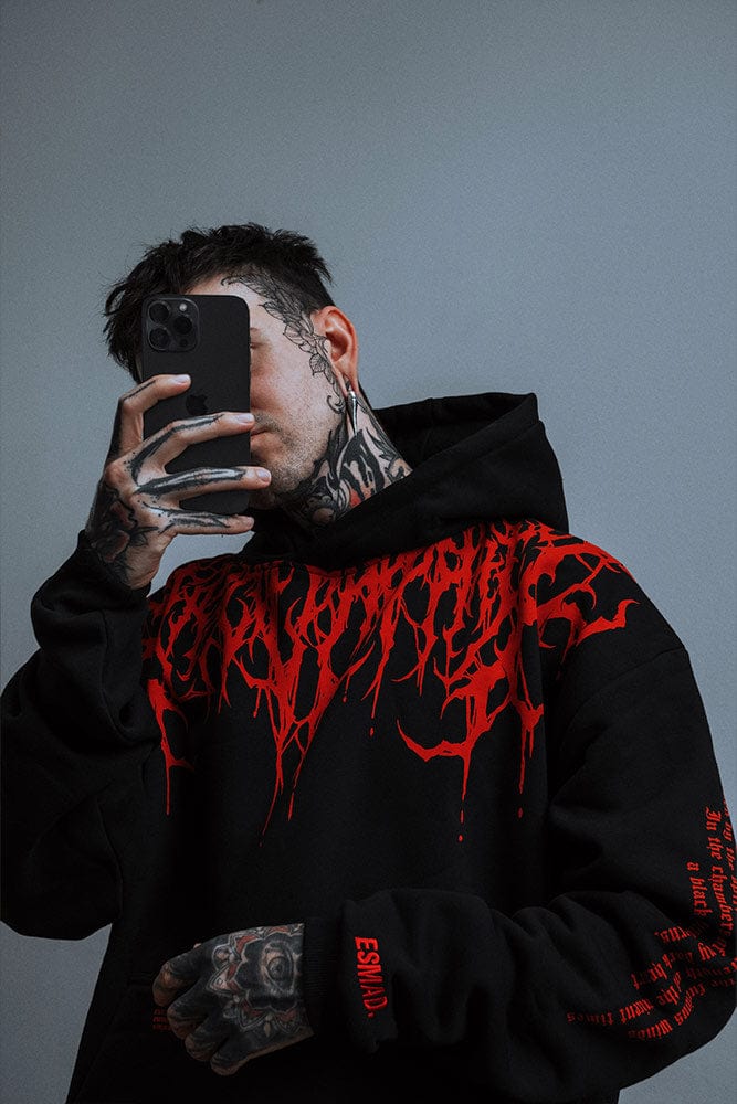 Schwarzer Herren Hoodie | Roter Druck | Übergröße | Baumwolle | Fleece-Futter-Luzern Mode
