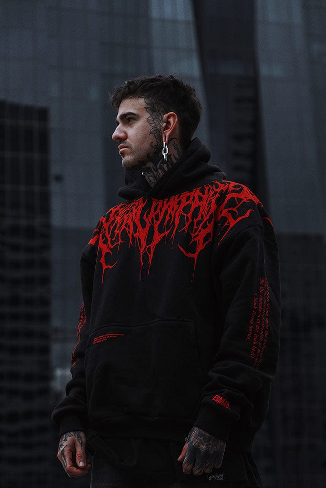 Schwarzer Herren Hoodie | Roter Druck | Übergröße | Baumwolle | Fleece-Futter-Luzern Mode
