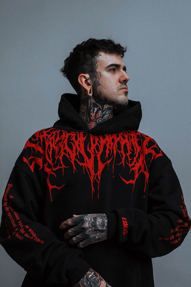 Schwarzer Herren Hoodie | Roter Druck | Übergröße | Baumwolle | Fleece-Futter-Luzern Mode