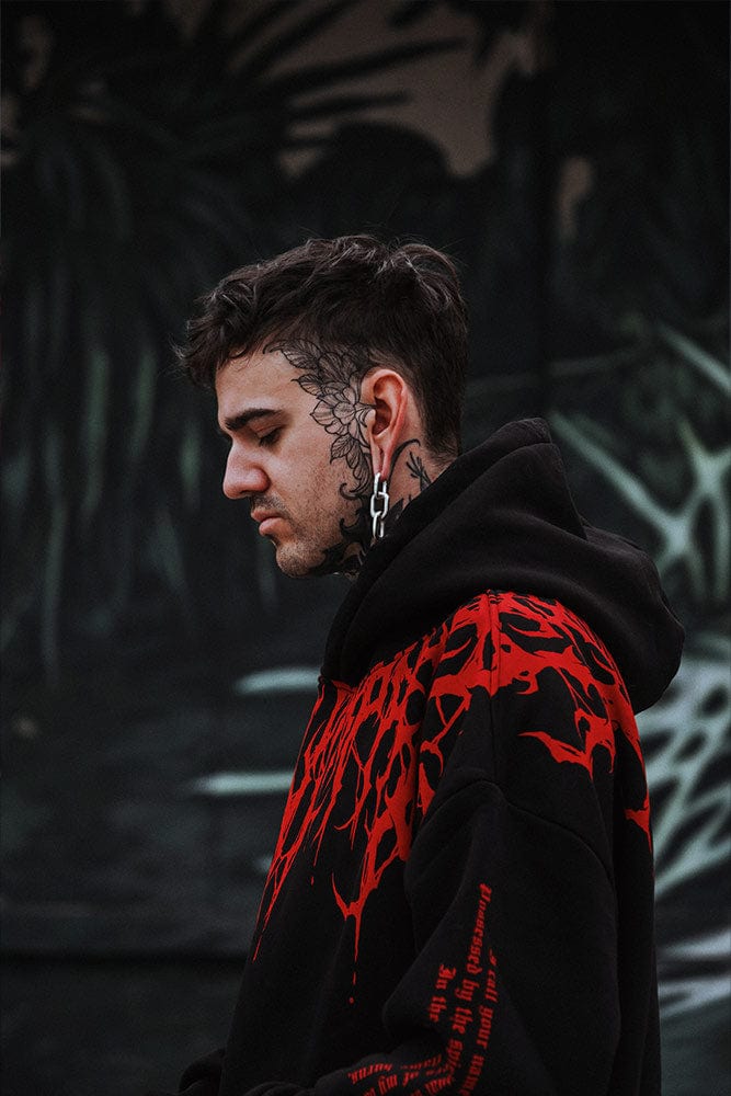 Schwarzer Herren Hoodie | Roter Druck | Übergröße | Baumwolle | Fleece-Futter-Luzern Mode