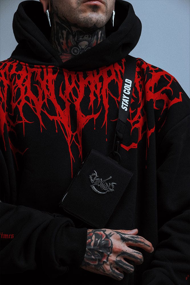Schwarzer Herren Hoodie | Roter Druck | Übergröße | Baumwolle | Fleece-Futter-Luzern Mode