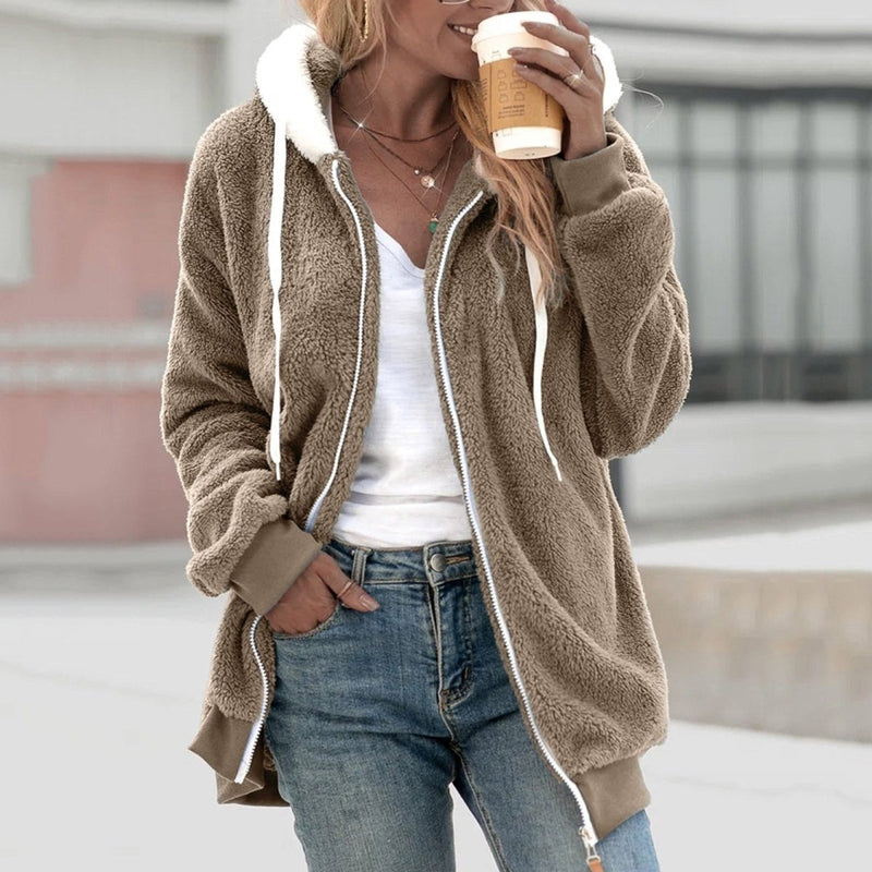 Damen Teddy Weste Oversized mit Kapuze für Herbst/Winter-Beige-S-Luzern Mode