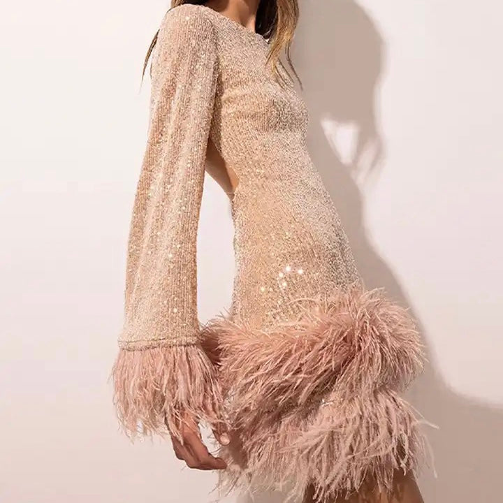 Pailletten-Kleid mit Federn für elegante Anlässe Damen-Luzern Mode