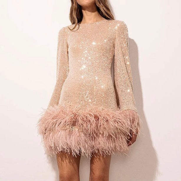 Pailletten-Kleid mit Federn für elegante Anlässe Damen-Rosa-XS-Luzern Mode