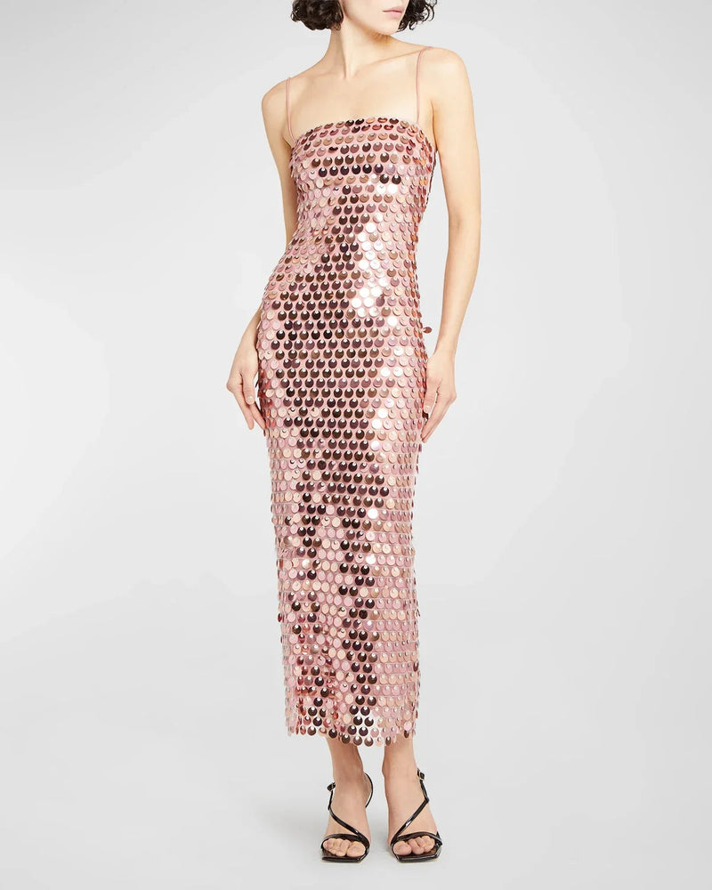 Abendkleid | Pailletten | Ärmellos | Lang | Slim Fit | Stretch | Uni-Champagner-S-Luzern Mode