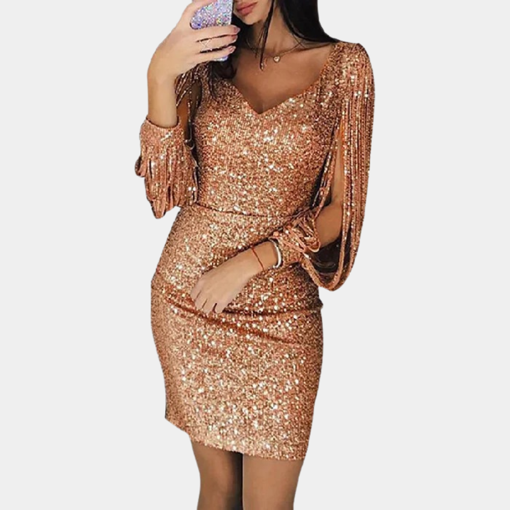Elegantes Paillettenkleid mit langen Ärmeln für Damen-Gold-S-Luzern Mode