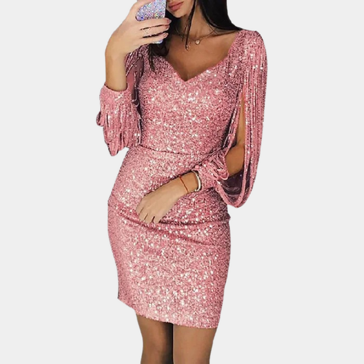 Elegantes Paillettenkleid mit langen Ärmeln für Damen-Rosa-S-Luzern Mode