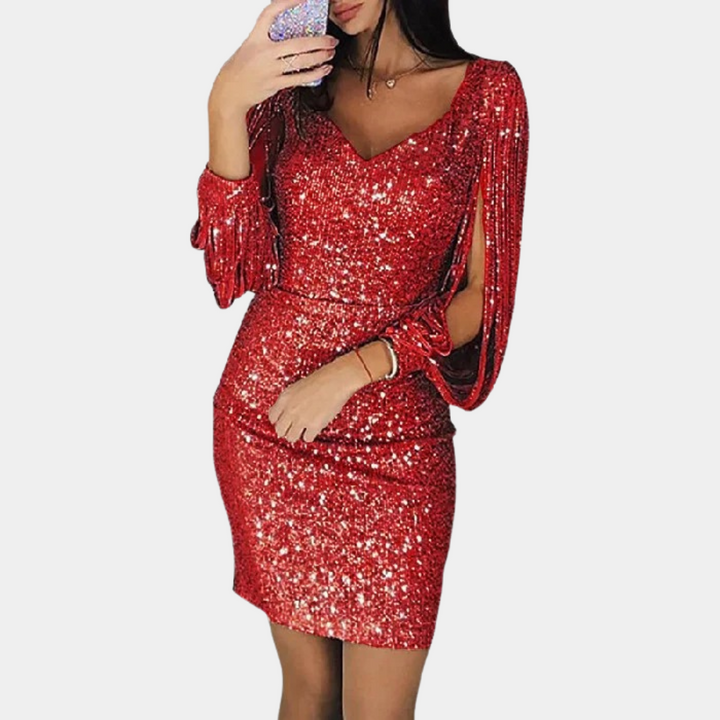 Elegantes Paillettenkleid mit langen Ärmeln für Damen-Rot-S-Luzern Mode