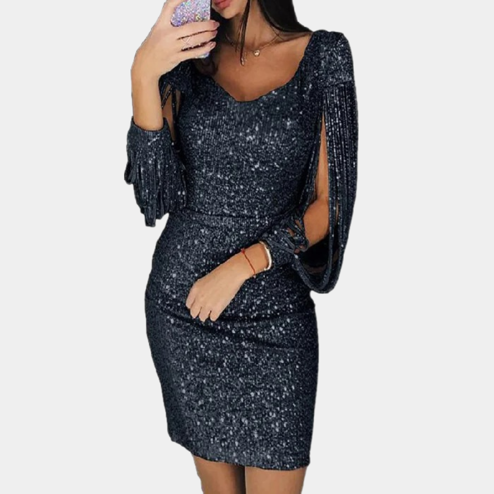 Elegantes Paillettenkleid mit langen Ärmeln für Damen-Schwarz-S-Luzern Mode