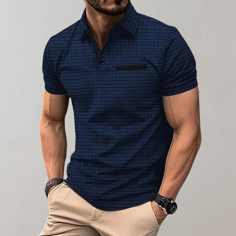 Herren Poloshirt mit Strukturmuster und Brusttasche-Marineblau-S-Luzern Mode