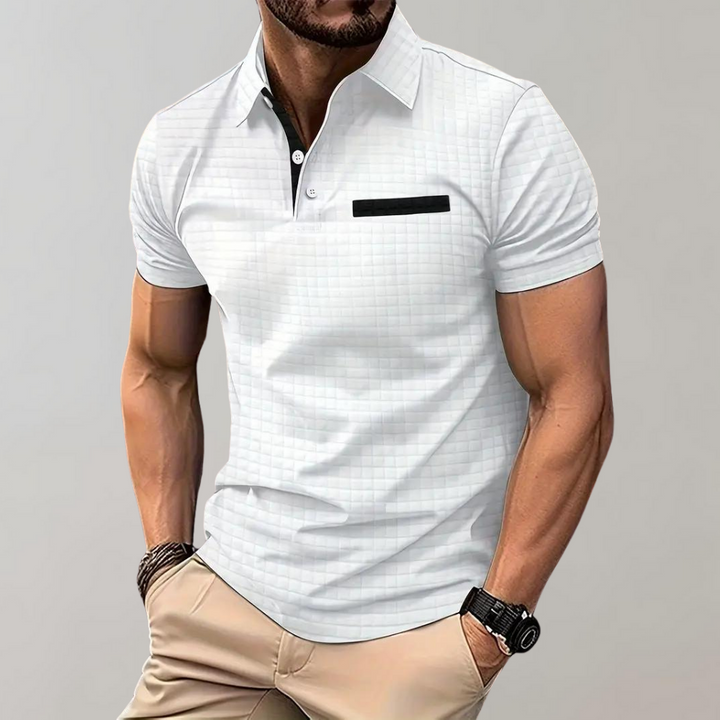 Herren Poloshirt mit Strukturmuster und Brusttasche-Weiß-S-Luzern Mode