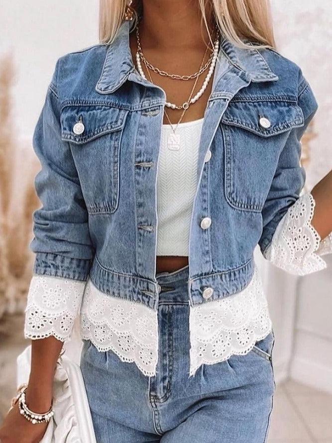 Damen Denim Jacke mit Spitzenbluse - Modischer Look 2023-Luzern Mode