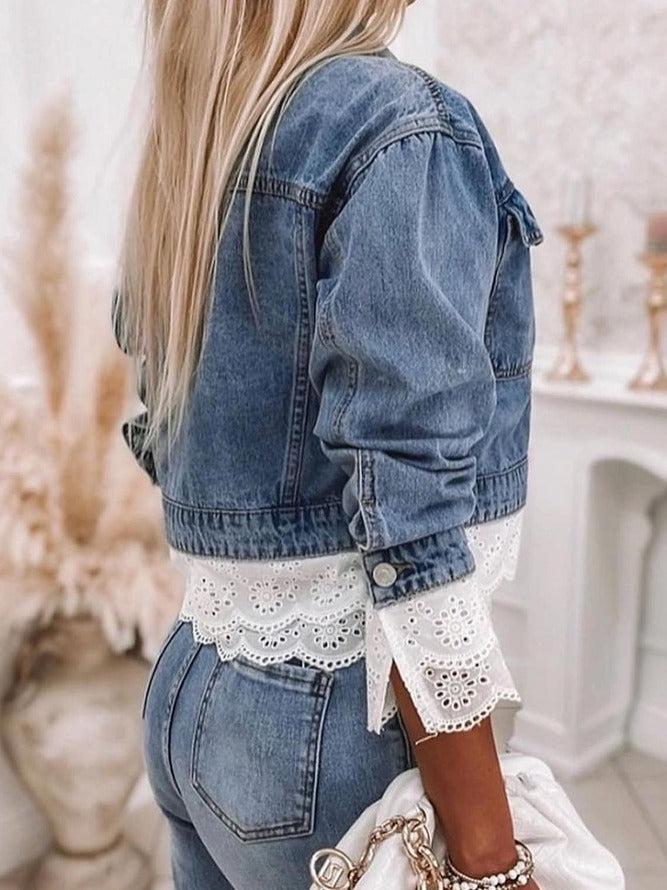 Damen Denim Jacke mit Spitzenbluse - Modischer Look 2023-Luzern Mode