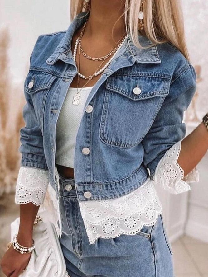 Damen Denim Jacke mit Spitzenbluse - Modischer Look 2023-Luzern Mode