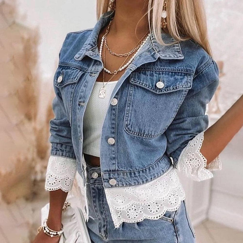 Damen Denim Jacke mit Spitzenbluse - Modischer Look 2023-S-Luzern Mode