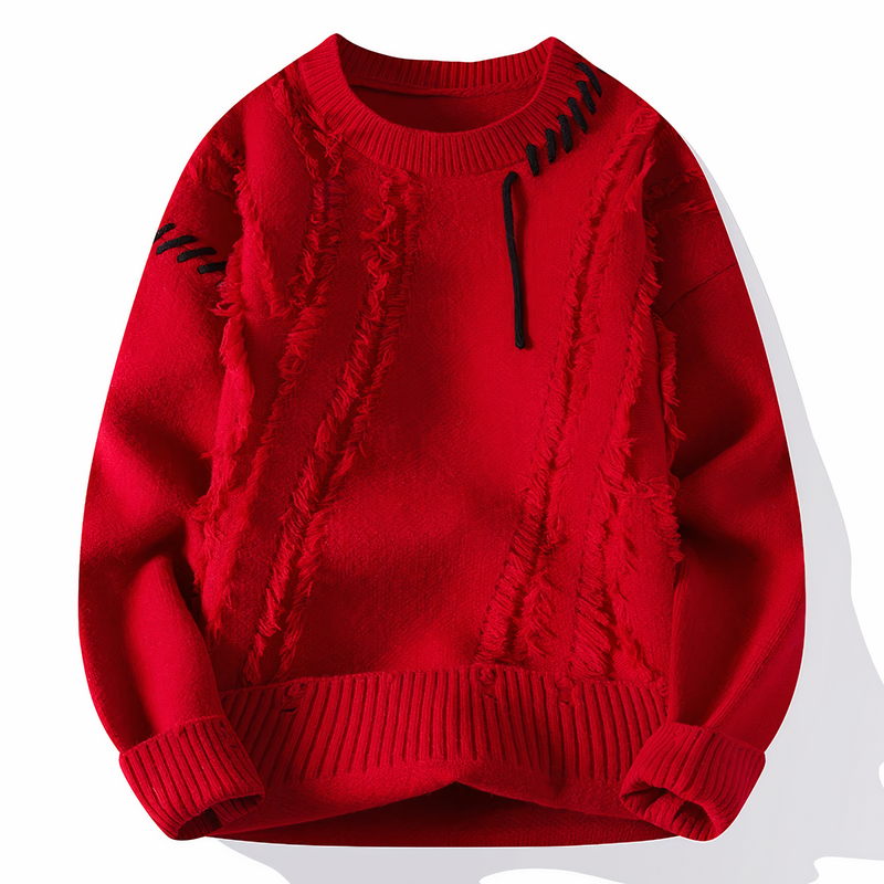 Herren Strickpullover mit Ziernähten und Rundhalsausschnitt-Rot-S-Luzern Mode