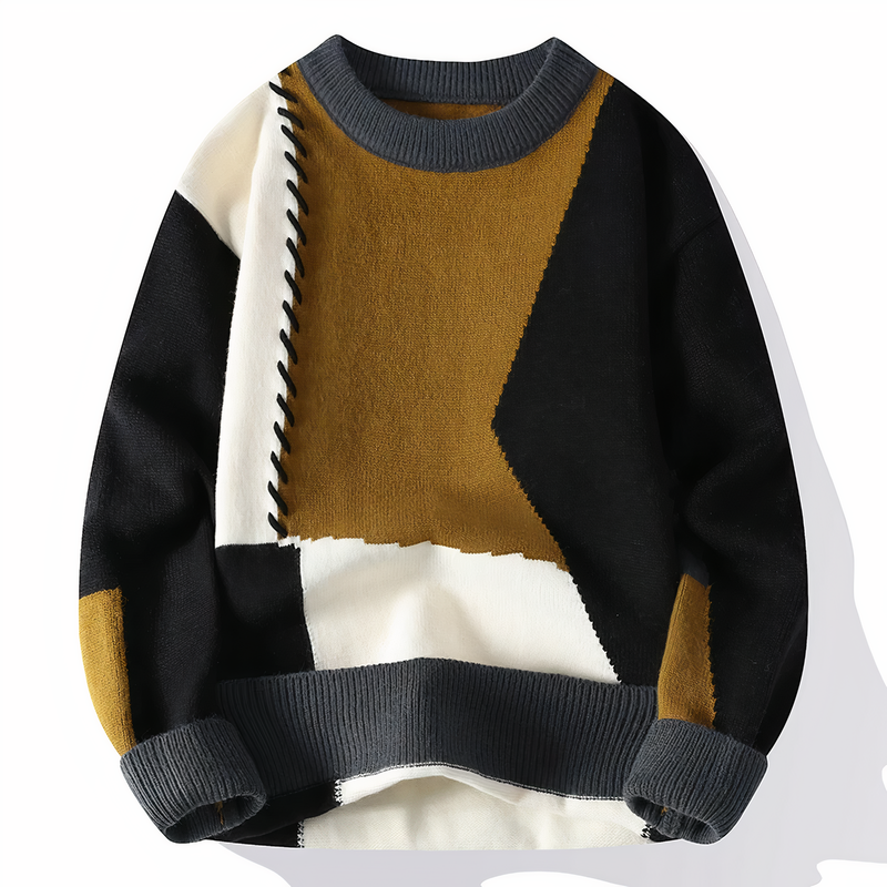 Herren Strickpullover mit Ziernähten und Rundhalsausschnitt-Schwarz-Gelb-S-Luzern Mode