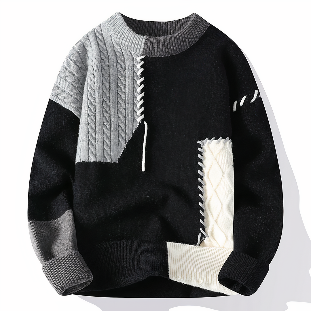 Herren Strickpullover mit Ziernähten und Rundhalsausschnitt-Schwarz-Grau-S-Luzern Mode