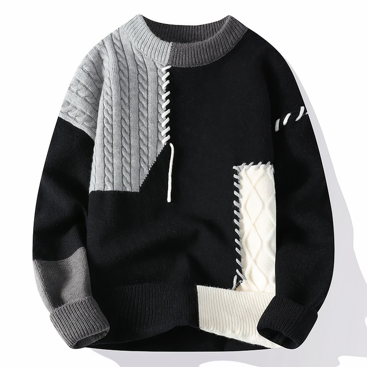 Herren Strickpullover mit Ziernähten und Rundhalsausschnitt-Schwarz-Grau-S-Luzern Mode