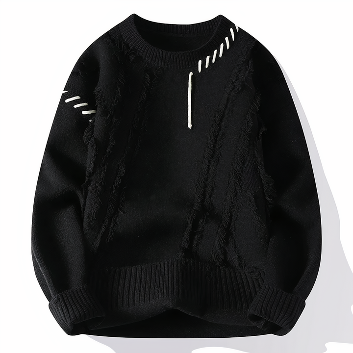 Herren Strickpullover mit Ziernähten und Rundhalsausschnitt-Schwarz-S-Luzern Mode
