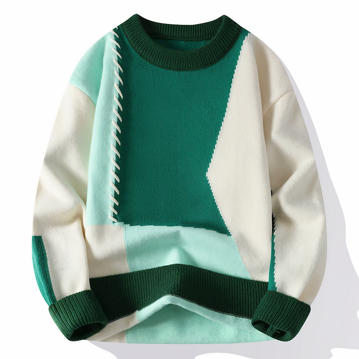Herren Strickpullover mit Ziernähten und Rundhalsausschnitt-Weiß-Grün-S-Luzern Mode