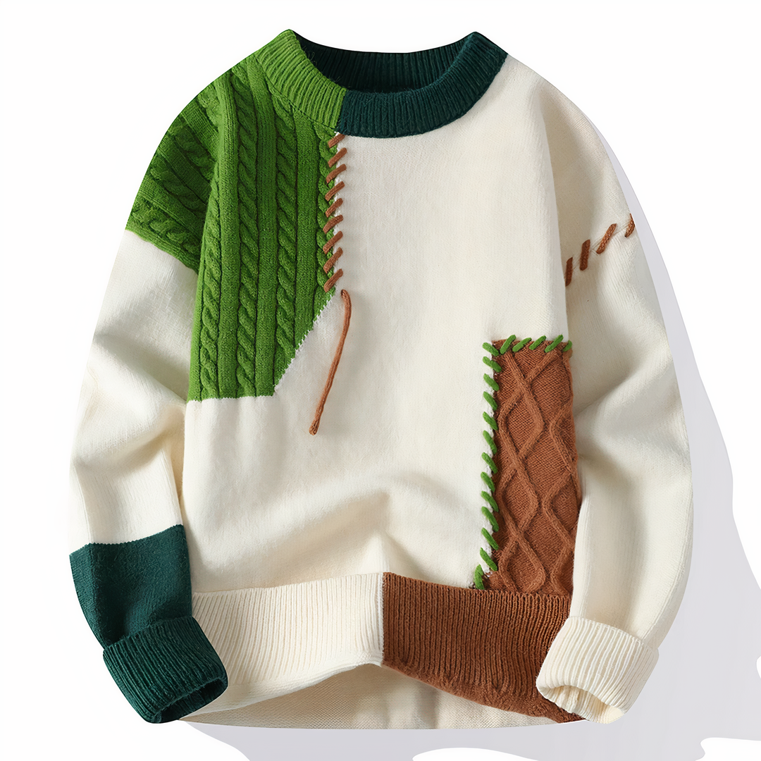 Herren Strickpullover mit Ziernähten und Rundhalsausschnitt-Weiß-Hellgrün-S-Luzern Mode