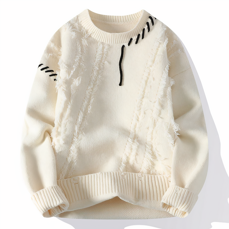 Herren Strickpullover mit Ziernähten und Rundhalsausschnitt-Weiß-S-Luzern Mode
