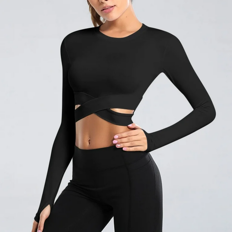 Damen Langarm Crop Top mit Cut-Outs für Fitness-Schwarz-S-Luzern Mode