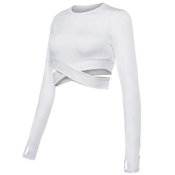 Damen Langarm Crop Top mit Cut-Outs für Fitness-Weiß-S-Luzern Mode