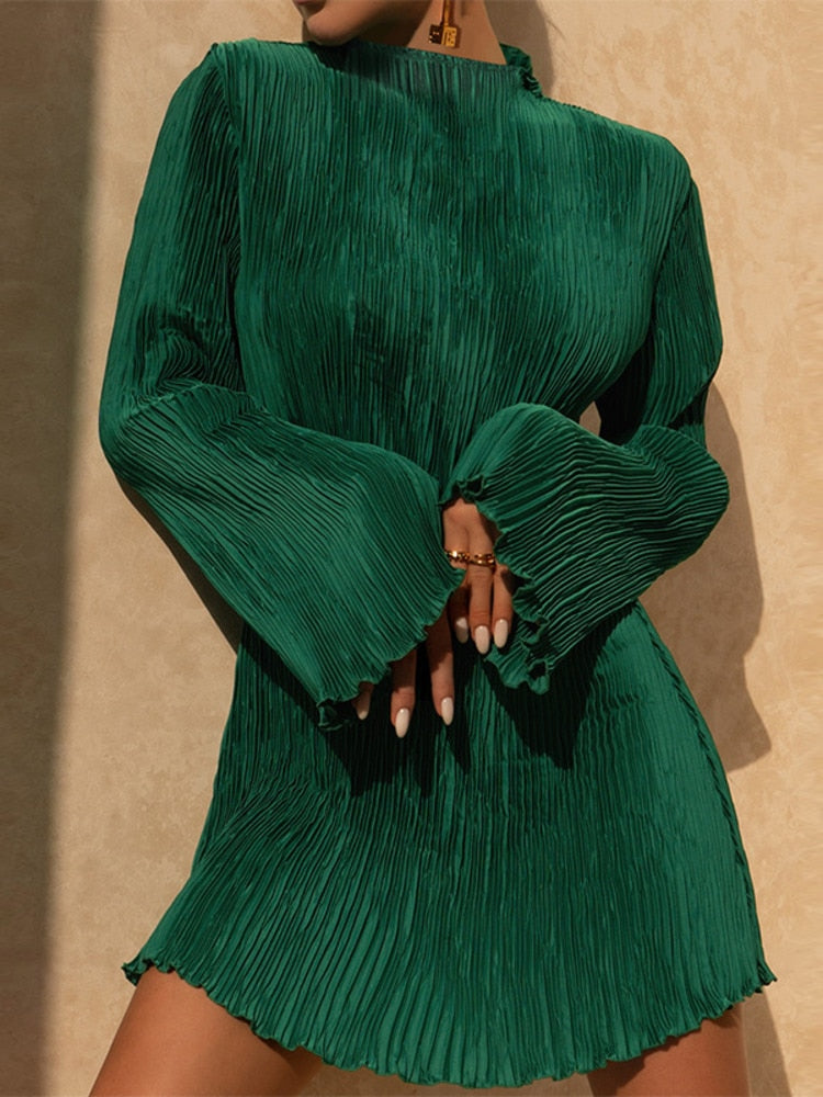 Plissiertes Damenkleid mit langen Ärmeln und Stehkragen-Grün-S-Luzern Mode