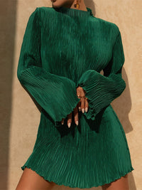 Plissiertes Damenkleid mit langen Ärmeln und Stehkragen-Grün-S-Luzern Mode