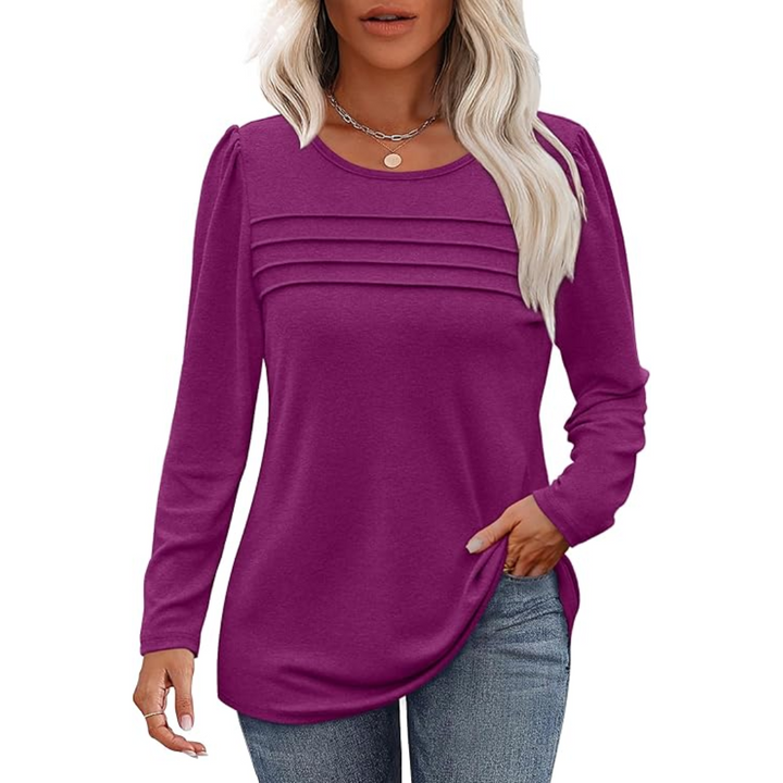 Damen Langarmshirt mit Rundhalsausschnitt und Falten-Design-Fuchsia-M-Luzern Mode