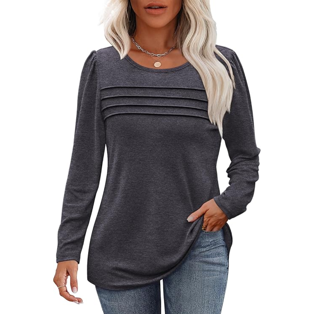 Damen Langarmshirt mit Rundhalsausschnitt und Falten-Design-Grau-M-Luzern Mode
