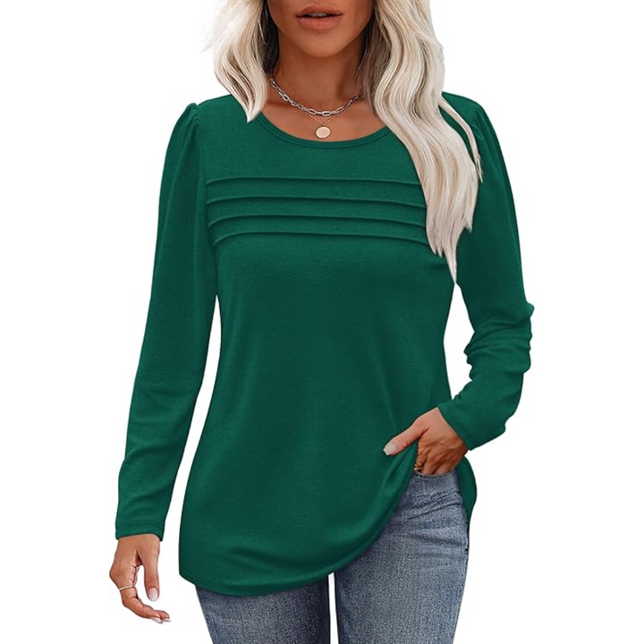 Damen Langarmshirt mit Rundhalsausschnitt und Falten-Design-Grün-M-Luzern Mode