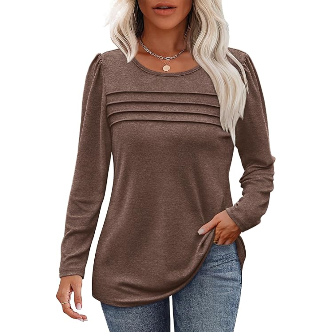 Damen Langarmshirt mit Rundhalsausschnitt und Falten-Design-Kaffee-M-Luzern Mode
