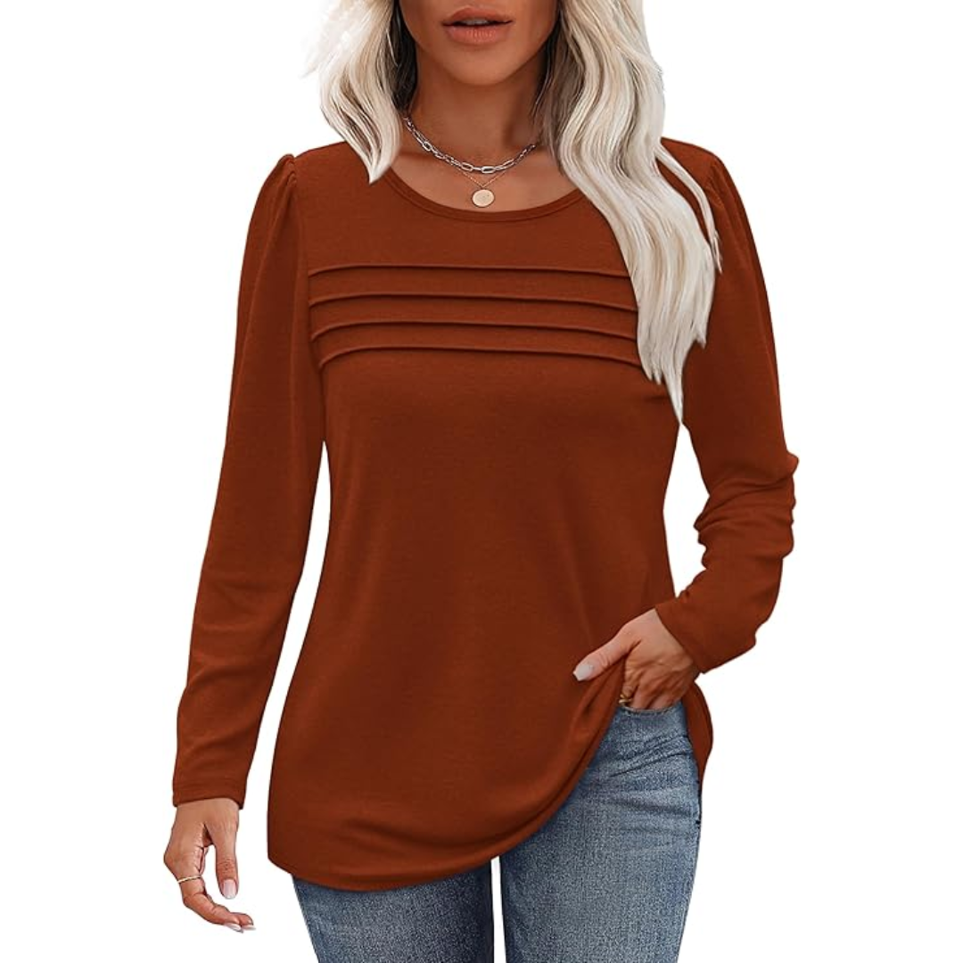 Damen Langarmshirt mit Rundhalsausschnitt und Falten-Design-Karamell-M-Luzern Mode