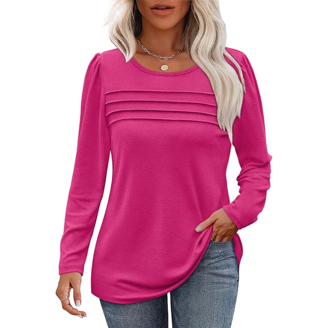 Damen Langarmshirt mit Rundhalsausschnitt und Falten-Design-Rosa-M-Luzern Mode